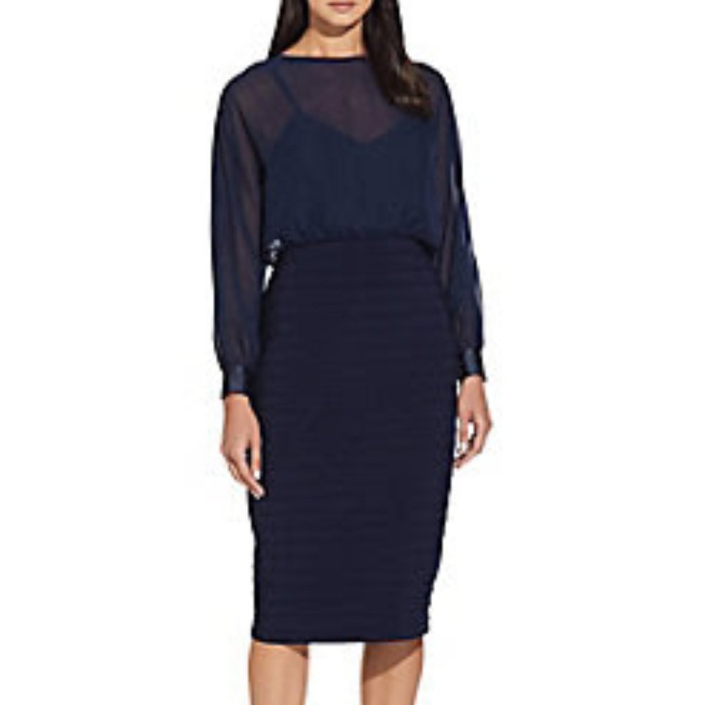 Adrianna Papell Bandage Mesh & Pintucked Blouson Dress Color: MIDNIGHT Size: 8 W